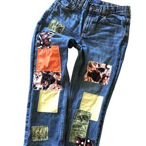 Children's Pants, Upcycled Puppies Baseball Theme Patchwork Jeans Size 10 Husky